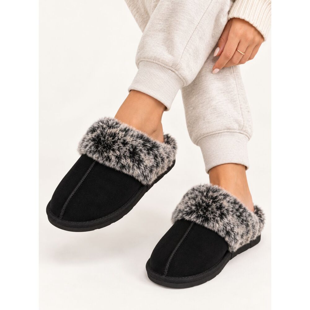 Womens Size 8 Black Suede Faux Fur Mule Slippers Cozy Scuff Clogs House Shoes
